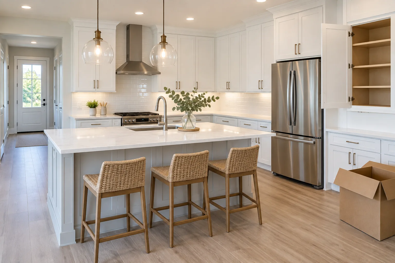 A move-in kitchen with clean open cabinets and a moving box