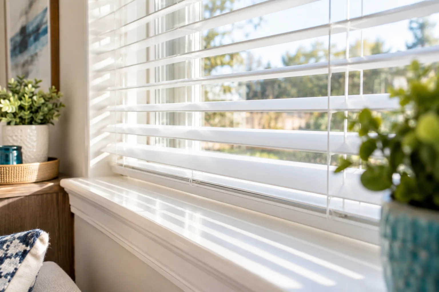 Clean white window blinds and a dust-free window sill in natural light
