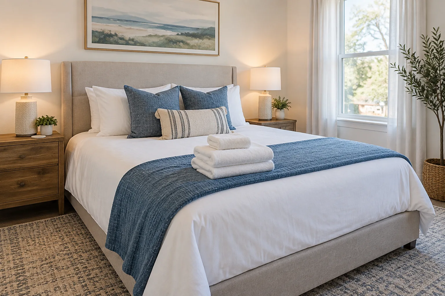 A guest bedroom prepared with fresh bed linens and folded towels