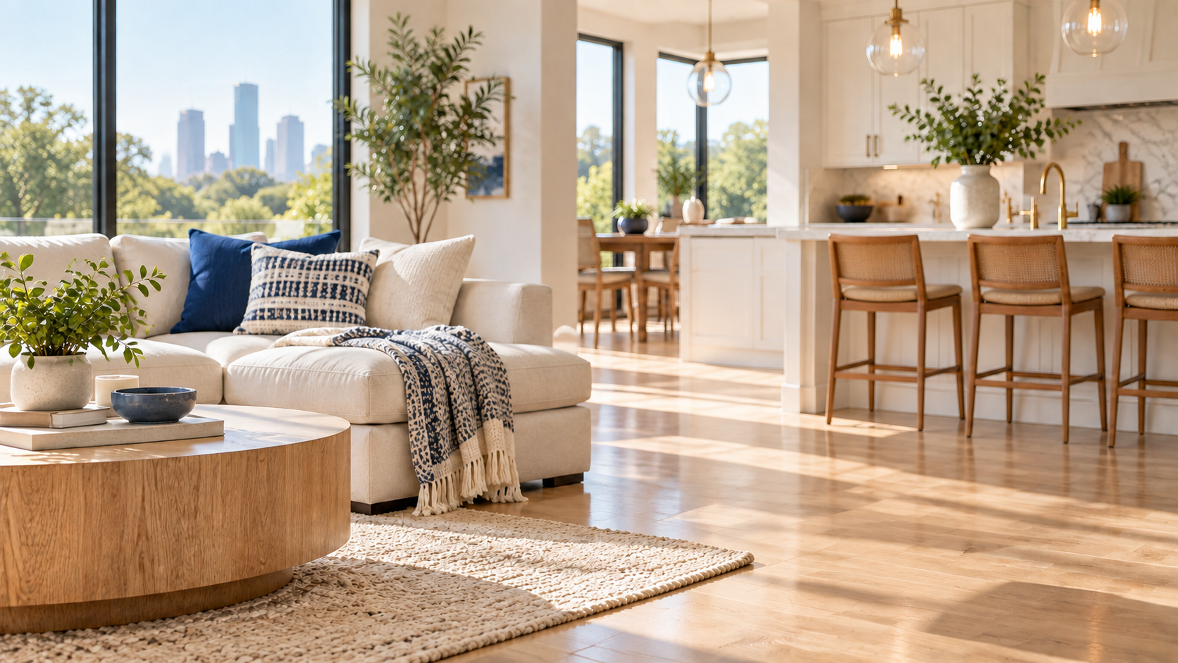 Bright, beautifully cleaned living room and kitchen in Houston