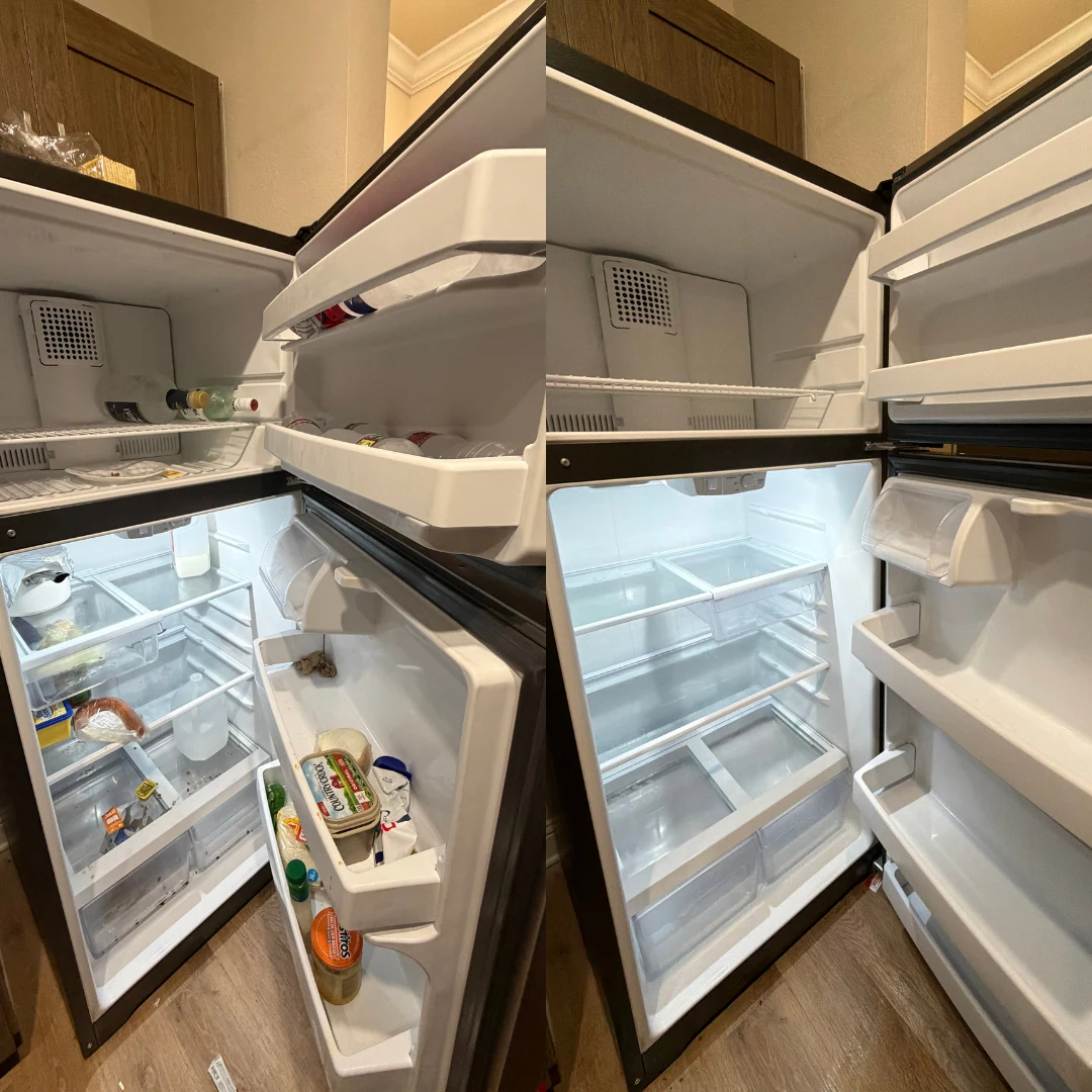 Refrigerator interior before cleaning on the left and after cleaning on the right — Move-Out Cleaning in League City, TX