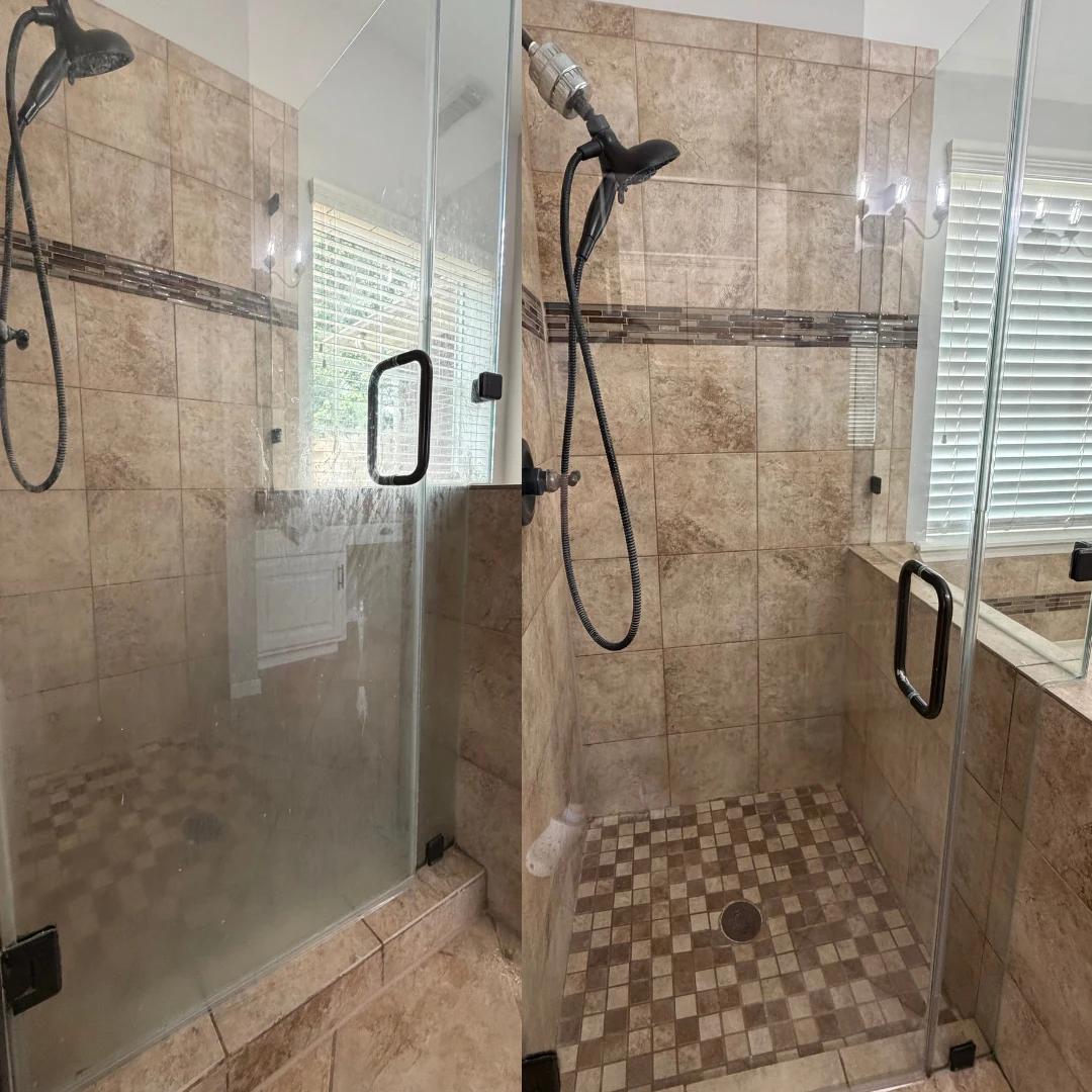 Shower glass before cleaning on the left and after cleaning on the right — Move-Out Cleaning in The Woodlands, TX